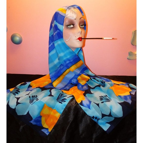 Vintage Blue & Yellow Long Floral Scarf made in Italy boho head wrap neck scarve - Picture 13 of 14